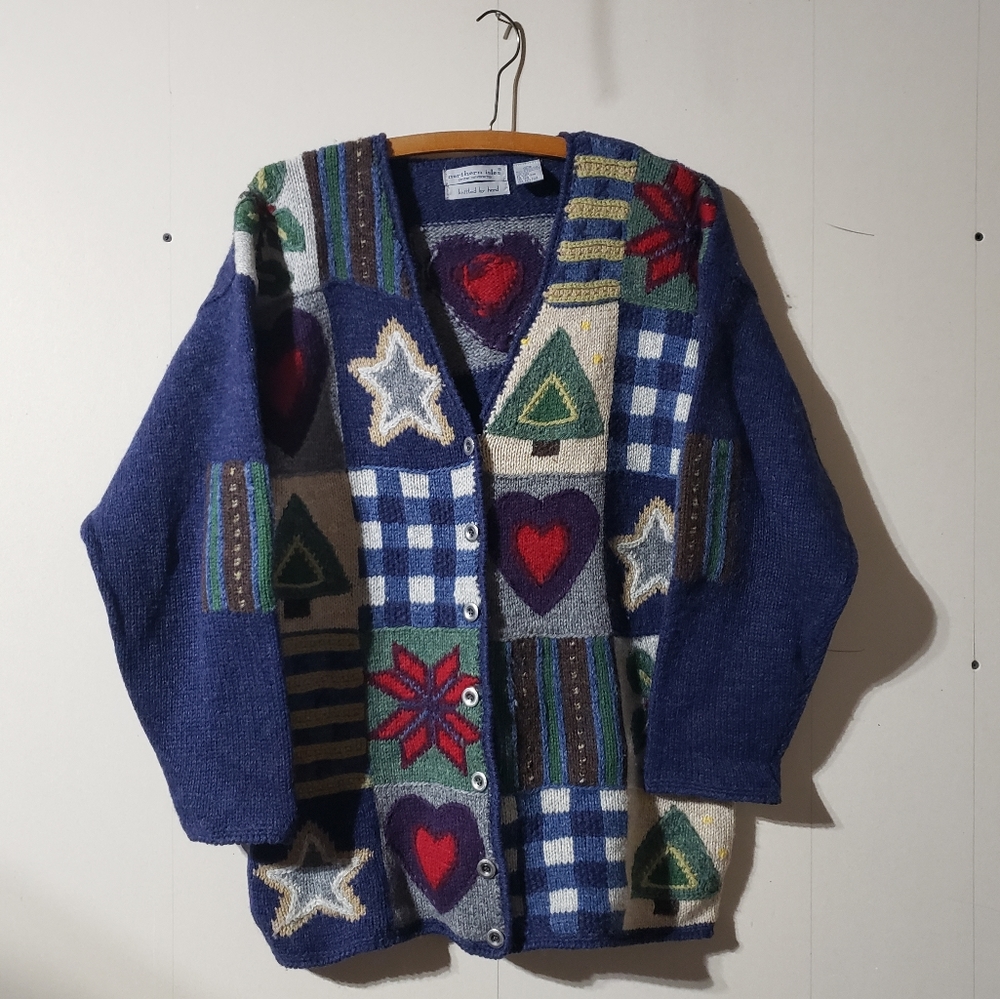 Signatures by Northern Isles Wool Handknit Patchwork Wool Cardigan Sweater, sz M - Picture 3 of 14